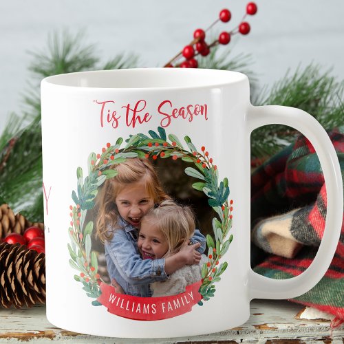 Custom Photo Tis the Season Green Holiday Wreath Coffee Mug