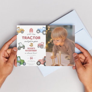 Custom photo tractor 4th birthday invitation