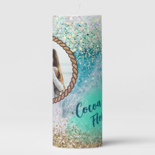 Custom Photo Tropical Beach Aqua Nautical Rope Pillar Candle