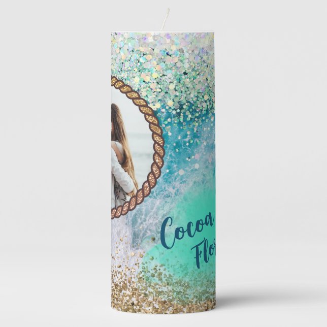 Custom Photo Tropical Beach Aqua Nautical Rope  Pillar Candle (Front)