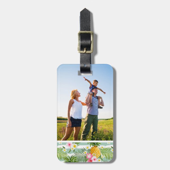 Custom Photo Tropical Flowers & Pineapple Stripes Luggage Tag (Front Vertical)
