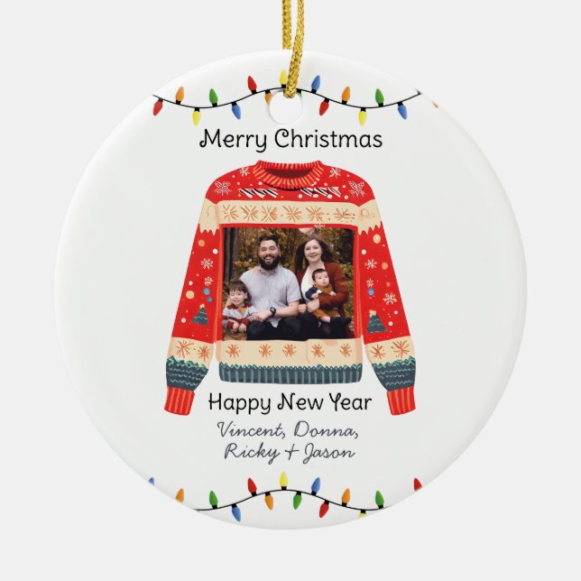 Custom Photo Ugly Christmas Sweater Ceramic Ornament (Front)