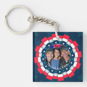 Custom Photo USA Military, Ribbon Border Patriotic Keychain