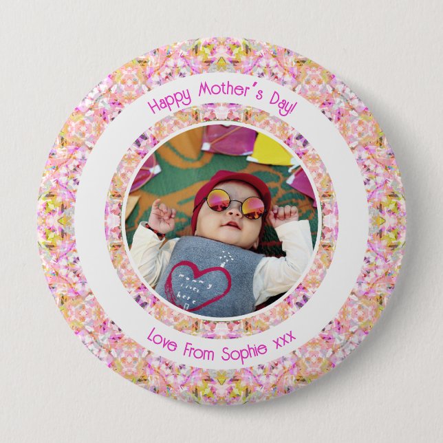 Custom Photo Vibrant Pink Happy Green Mother’s Day Button (Front)