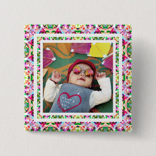 Custom Photo Vibrant Pink Happy Green Mother’s Day Button
