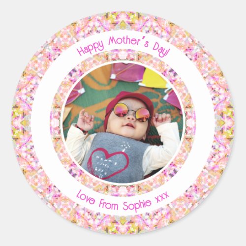 Custom Photo Vibrant Pink Happy Green Mothers Day Classic Round Sticker