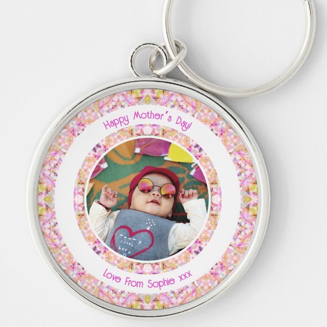 Custom Photo Vibrant Pink Happy Green Mother’s Day Keychain (Front)