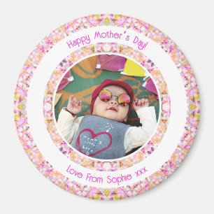 Custom Photo Vibrant Pink Happy Green Mother’s Day Magnet