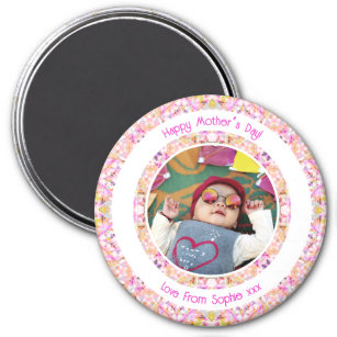 Custom Photo Vibrant Pink Happy Green Mother’s Day Magnet