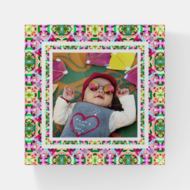 Custom Photo Vibrant Pink Happy Green Mother’s Day Paperweight (Front)