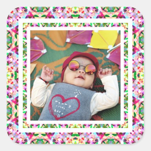 Custom Photo Vibrant Pink Happy Green Mothers Day Square Sticker
