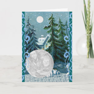 Custom Photo Vintage Christmas Snow Scene Glitter Holiday Card