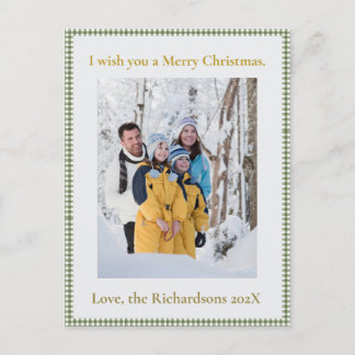 Custom Photo Vintage Green Gingham Plaid Christmas Holiday Postcard