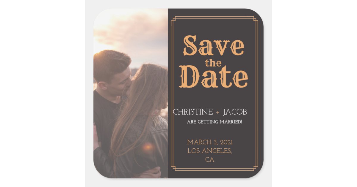 Custom Photo Vintage Style Save The Date Square Sticker | Zazzle