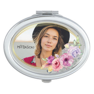 Custom Photo Watercolor Flowers Compact Mirror