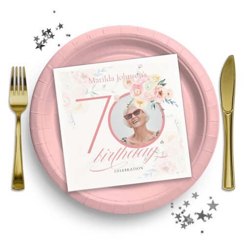 Custom Photo Watercolor Pink Floral 70th Birthday Napkins