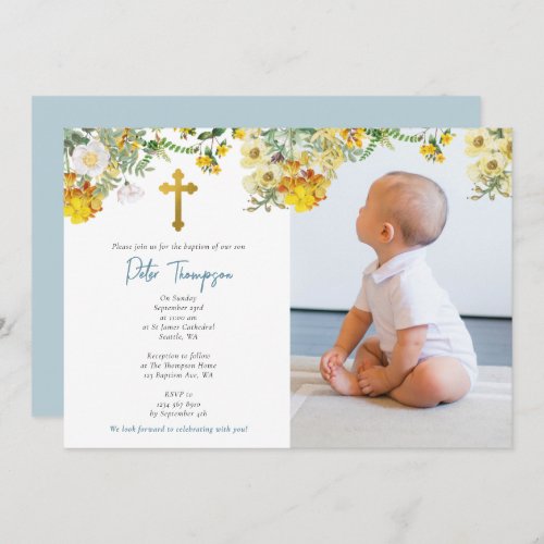 Custom Photo Watercolor Rose Garden Boy Baptism Invitation