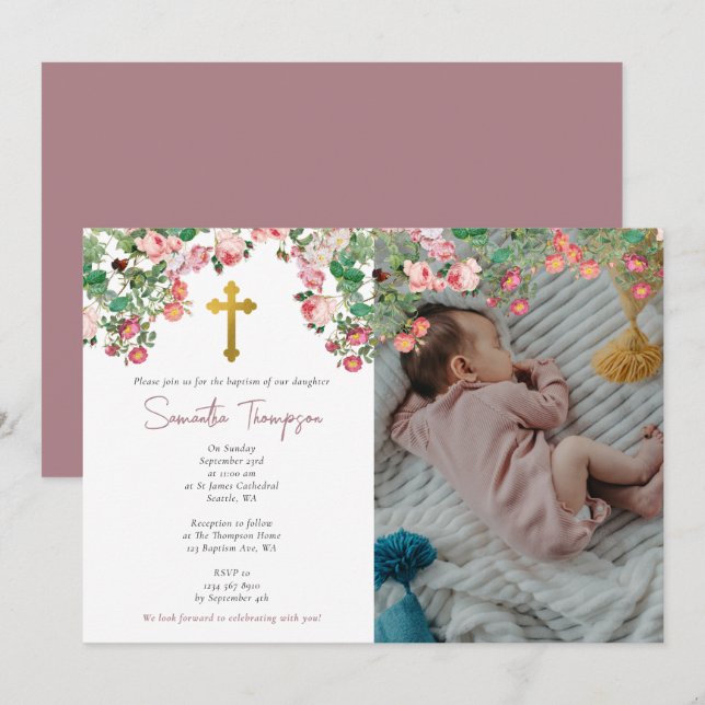 Custom Photo Watercolor Rose Garden Girl Baptism Invitation (Front/Back)