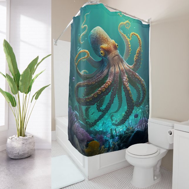 Custom Photo Watercolor Sea Octopus Personalized Shower Curtain (Creator Uploaded)