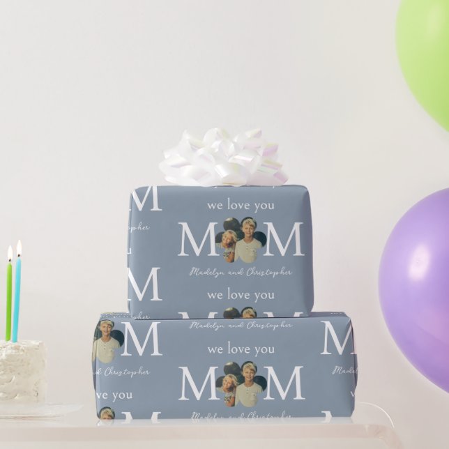 Custom Photo We Love You Mom Blue Mother's Day Wrapping Paper (Party Gifts)
