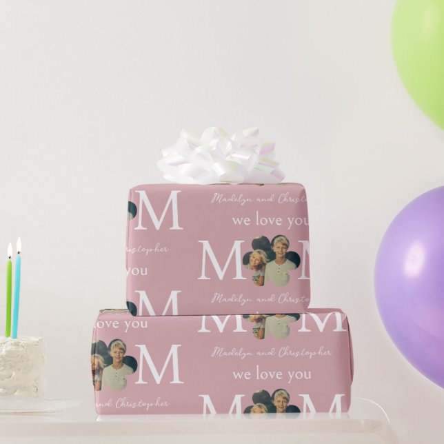 Custom Photo We Love You Mom Pink Mother's Day Wrapping Paper (Party Gifts)