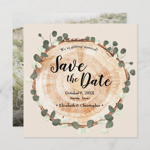 Custom Photo website wood grain eucalyptus Wedding Save The Date