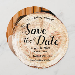 Custom photo website Wood Slice Rustic Wedding Invitation