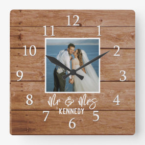 Custom Photo Wedding Anniversary Wood  Mr & Mrs Square Wall Clock