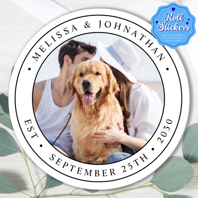 Custom Photo Wedding Personalized Name Date  Classic Round Sticker (Creator Uploaded)
