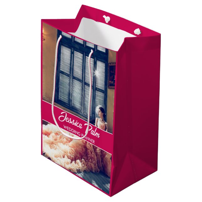 Custom photo wedding pink medium gift bag (Front Angled)