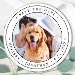 Custom Photo Wedding Save The Date  Classic Round Sticker<br><div class="desc">Add the finishing touch to your wedding save the dates with these custom photo 'Save The Date' stickers. Customize with your favorite photo, and personalize with names and wedding date. These wedding save the date stickers are perfect to wrap a gift to surprise the recipient of your engagement. COPYRIGHT ©...</div>