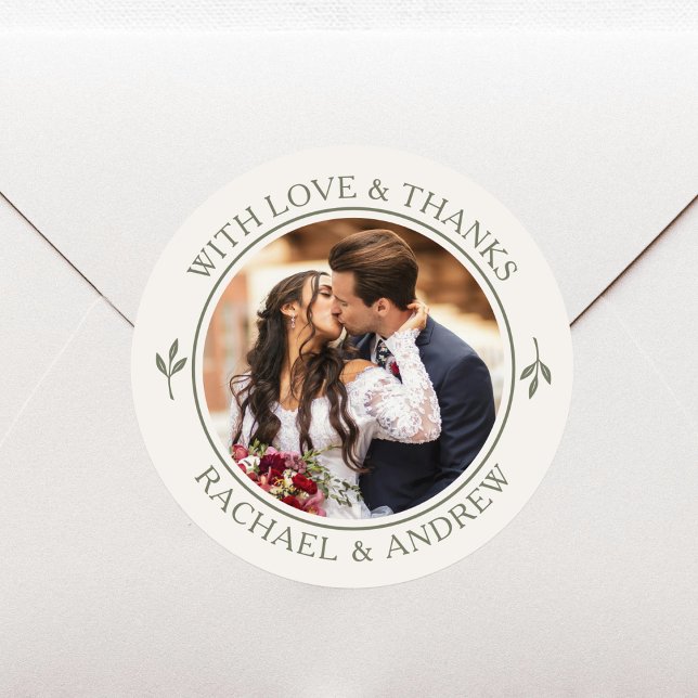 Custom Photo Wedding Thank You Green Cream Classic Round Sticker (Creator Uploaded)