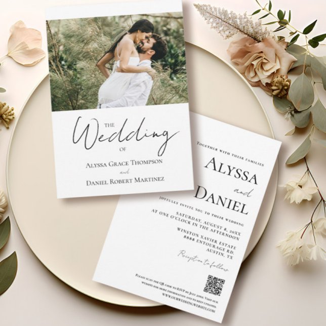 Custom Photo  Wedding Website Black and White Invitation (Custom personalized engagement photo "The wedding of "invitation with qr code wedding website.)