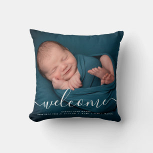 Custom Photo Welcome Script Overlay Baby Keepsake Throw Pillow