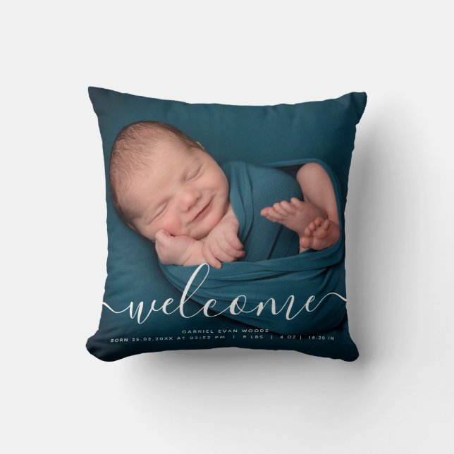 Custom Photo Welcome Script Overlay Baby Keepsake Throw Pillow (Front)