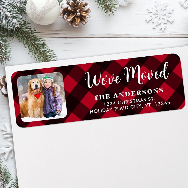 Custom Photo We've Moved Red Plaid Return Address  Label (Creator Uploaded)