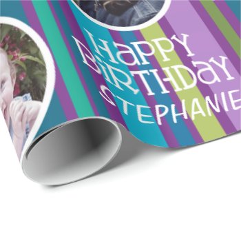 Custom Photo Whimsical & Colorful Birthday Stripes Wrapping Paper by MarshBaby at Zazzle