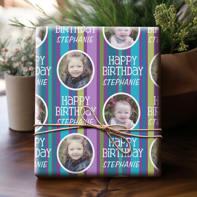 Custom Photo Whimsical & Colorful Birthday Stripes Wrapping Paper (Custom Photo Wrapping Paper)