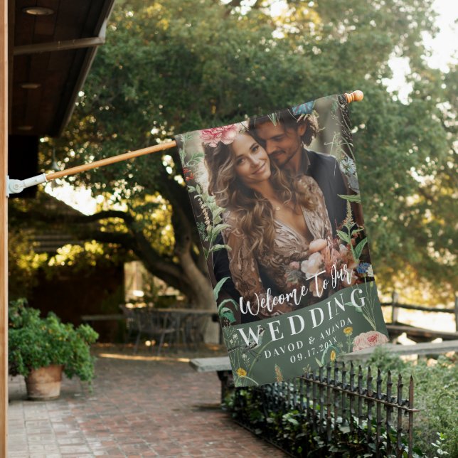 Custom Photo Whimsical Secret Garden Wildflowers House Flag (In SItu)