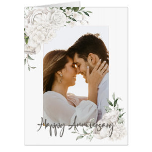 Custom Photo White Floral Anniversary Greeting Card