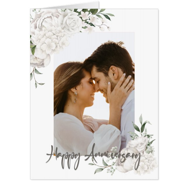 Custom Photo White Floral Anniversary Greeting Card (Front)