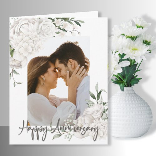 Custom Photo White Floral Anniversary Greeting Card