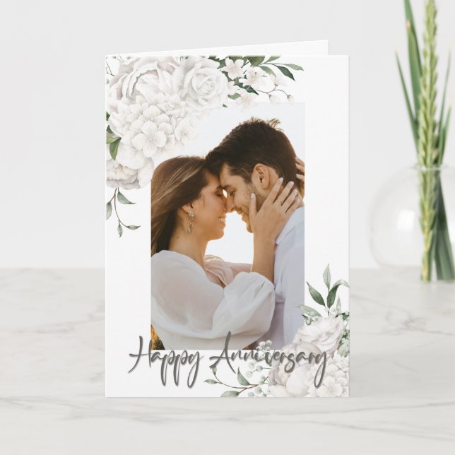 Custom Photo White Floral Anniversary Greeting Card (Front)