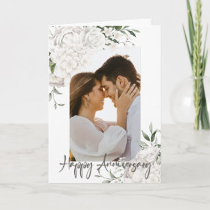 Custom Photo White Floral Anniversary Greeting Card