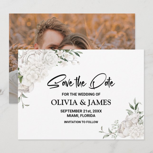 Custom Photo White Floral Wedding  Save The Date (Front/Back)