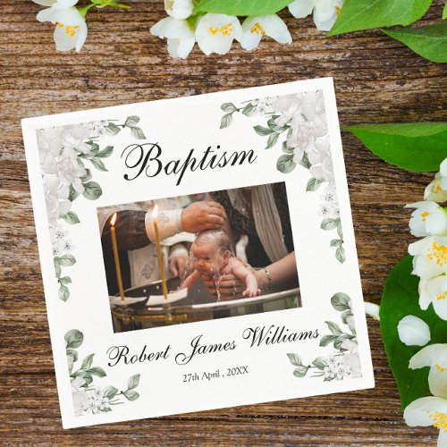 Custom Photo White Flowers Christening Baptism  Napkins