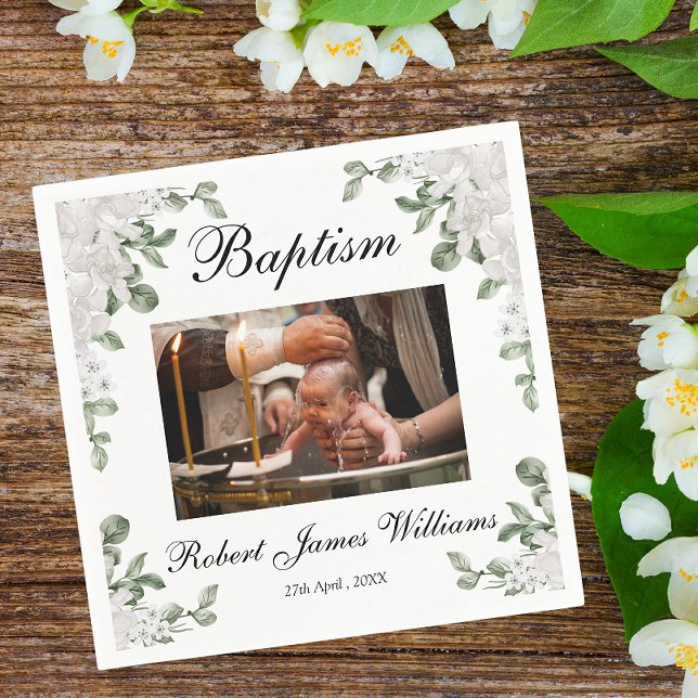 Custom Photo White Flowers Christening Baptism  Napkins (Creator Uploaded)