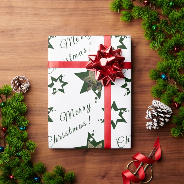 Custom Photo White Green Stars Merry Christmas Wrapping Paper (Holiday Gift)