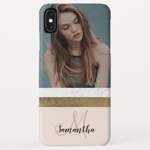 custom photo white marble blush chic gold monogram iPhone XS max case