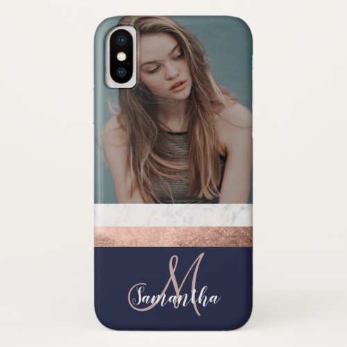 custom photo white marble navy rose gold monogram iPhone XS case